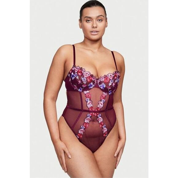 Victoria's Secret Tops - Victoria’s Secret Embroidered Floral Mesh Bodysuit Teddy XL Underwire Burgundy